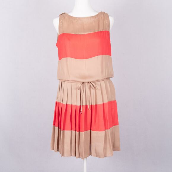 Cache Pleated Skirt Tie Waist Dress Tan Coral Stripe Colorblock Women's MEDIUM - Picture 1 of 8